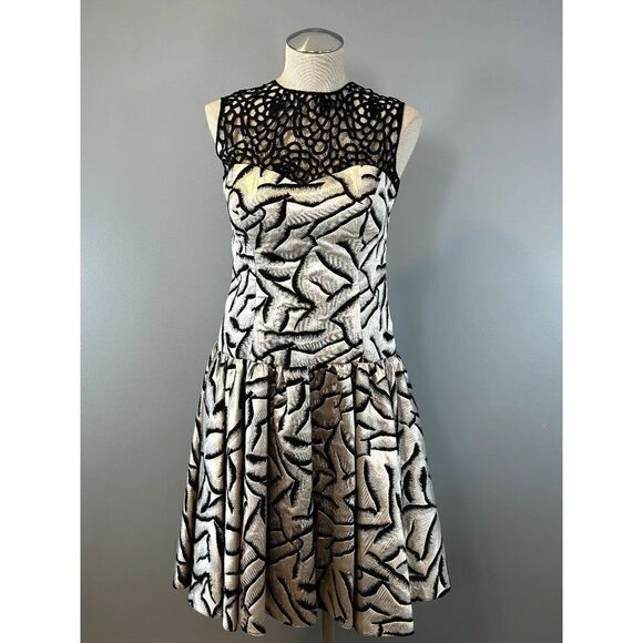 Pamella Roland Drop Waist Jacquard Dress in Silver Size 10 - Picture 1 of 7